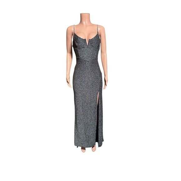 Black sparkly maxi dress with plunging neckline and side split #glamour M - Picture 1 of 7